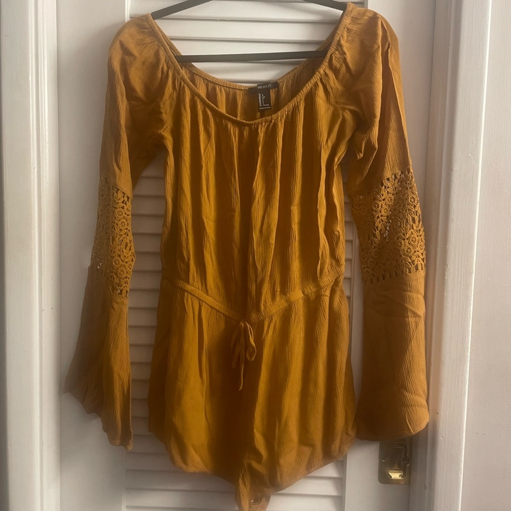 Forever 21 Magdalena Romper Size L. Bell Sleeves with Crochet Details Bohemian